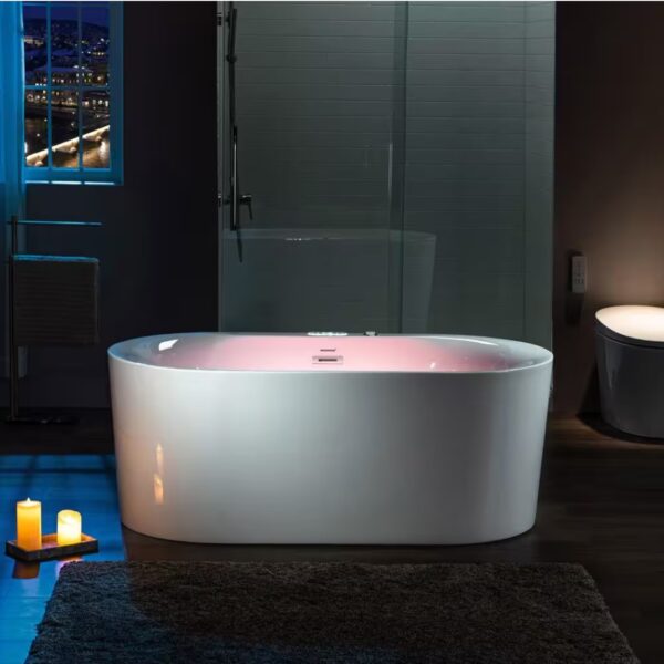 59 in. Acrylic Flatbottom Freestanding Whirlpool and Air with Inline Heater Bathtub,Drain and Overflow Included in White